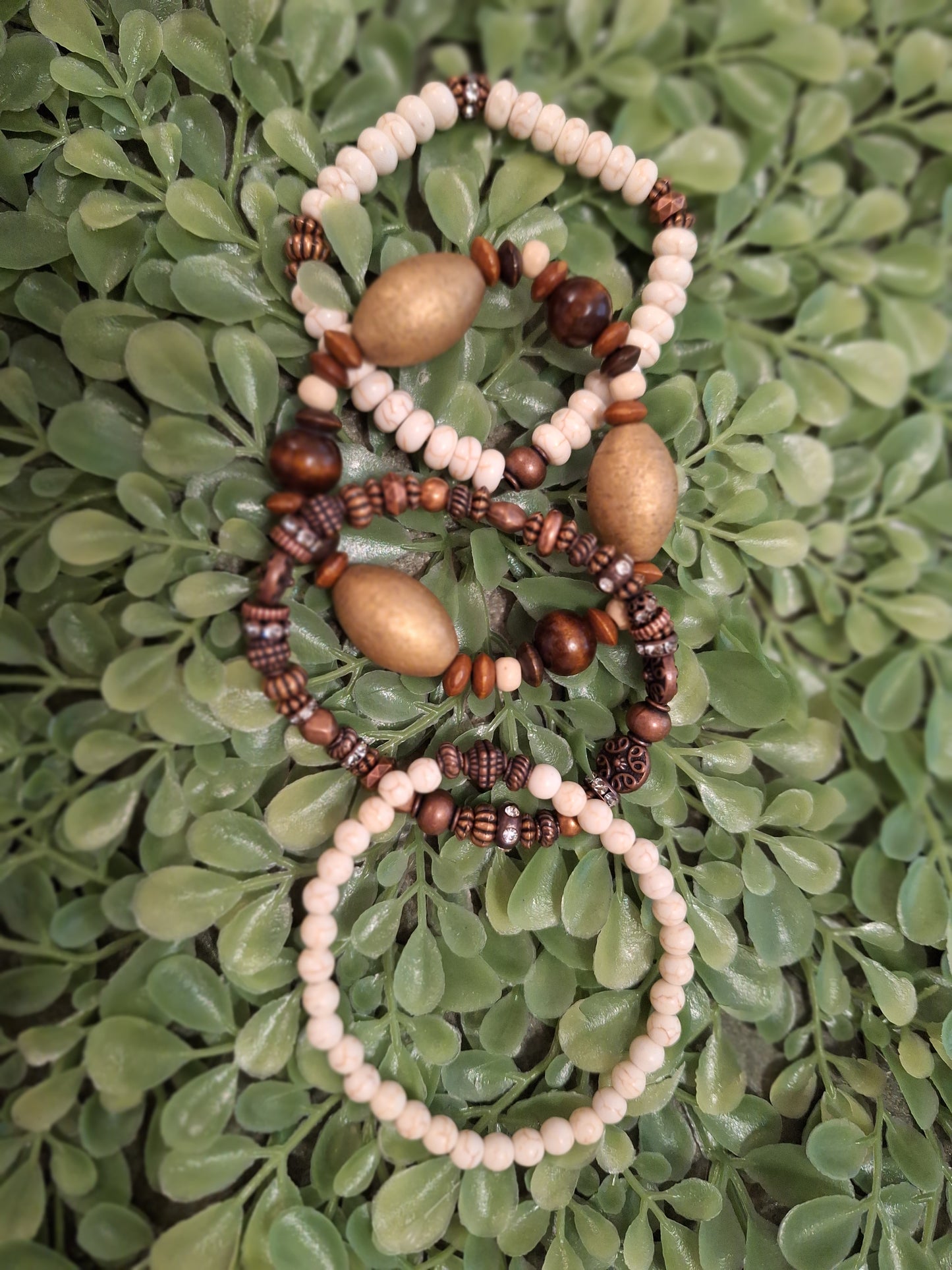 Mixed Material 4pc stack Stetch Bracelet Wood|Copper|White Reconstituted Turquoise