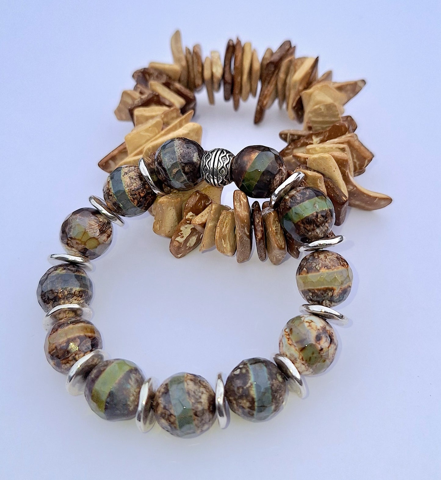 Tibetan Green Brown Striped Agate Gemstone and Coconut Shell Wood Bead 2pc Stretch Bracelet, Men's Jewelry Gift, Women's Jewelry Gift,