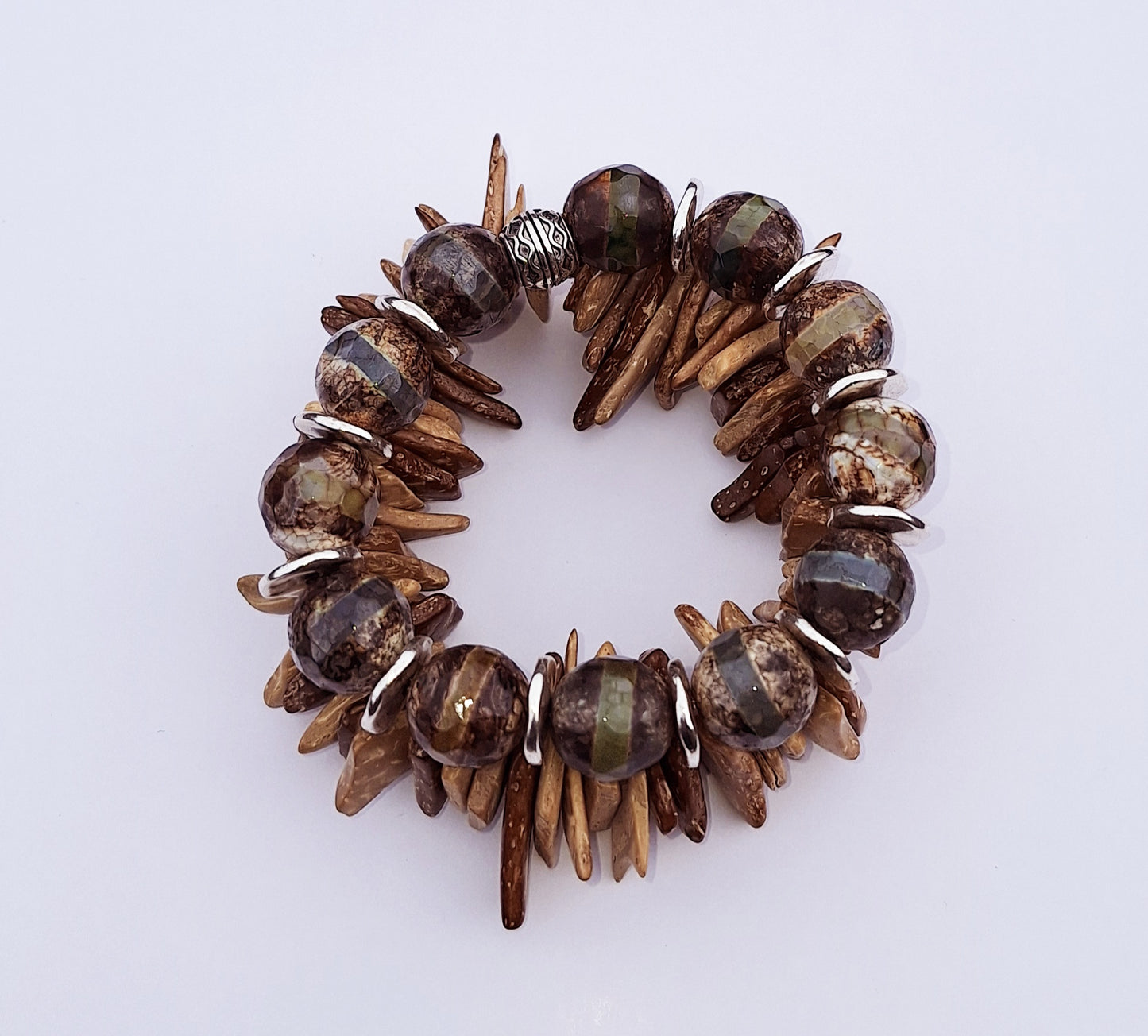Tibetan Green Brown Striped Agate Gemstone and Coconut Shell Wood Bead 2pc Stretch Bracelet, Men's Jewelry Gift, Women's Jewelry Gift,