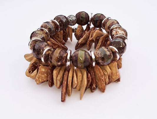 Tibetan Green Brown Striped Agate Gemstone and Coconut Shell Wood Bead 2pc Stretch Bracelet, Men's Jewelry Gift, Women's Jewelry Gift,