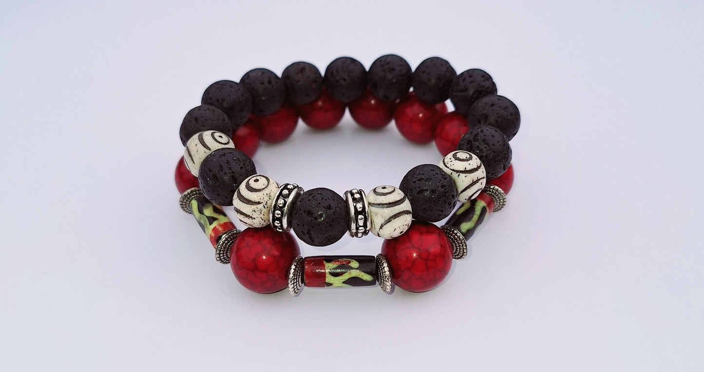Men and Womens Wood and Bead Bracelet 2pc Set Red, Yellow and Ivory Hand painted African Bone Bead Black Lava Stone Stretch Bracelets