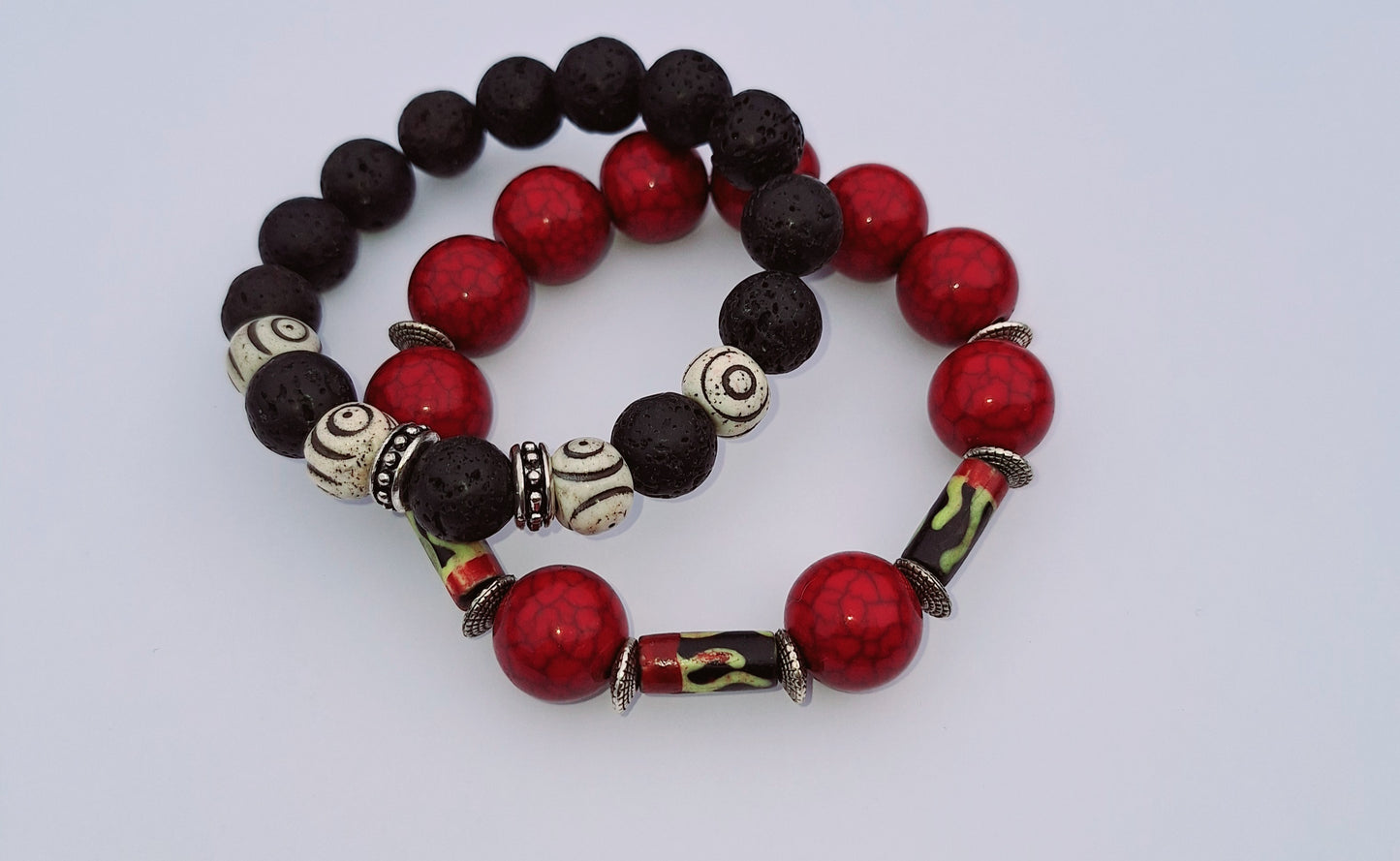 Men and Womens Wood and Bead Bracelet 2pc Set Red, Yellow and Ivory Hand painted African Bone Bead Black Lava Stone Stretch Bracelets