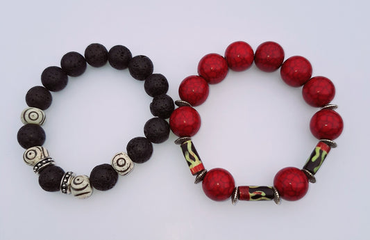 Men and Womens Wood and Bead Bracelet 2pc Set Red, Yellow and Ivory Hand painted African Bone Bead Black Lava Stone Stretch Bracelets