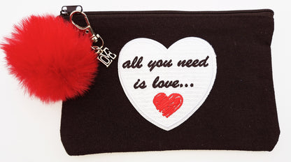 "All You Need Is Love" Small Black Canvas Cosmetics Bag with Red Faux Fur Pom-Pom and Love Charm