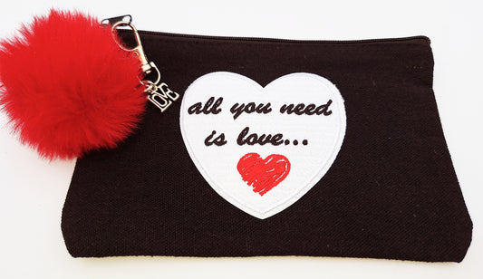 "All You Need Is Love" Small Black Canvas Cosmetics Bag with Red Faux Fur Pom-Pom and Love Charm