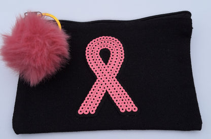 Breast Cancer Awareness Small Black Canvas Cosmetics Bag with Pink Sequin Ribbon & Faux Fur Pom-Pom