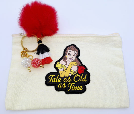 "BELLE Tales as Old as Time" Small Beige Canvas Cosmetics Bag with Red Faux Fur Pom-Pom, Tassel & Disco Ball Dangles