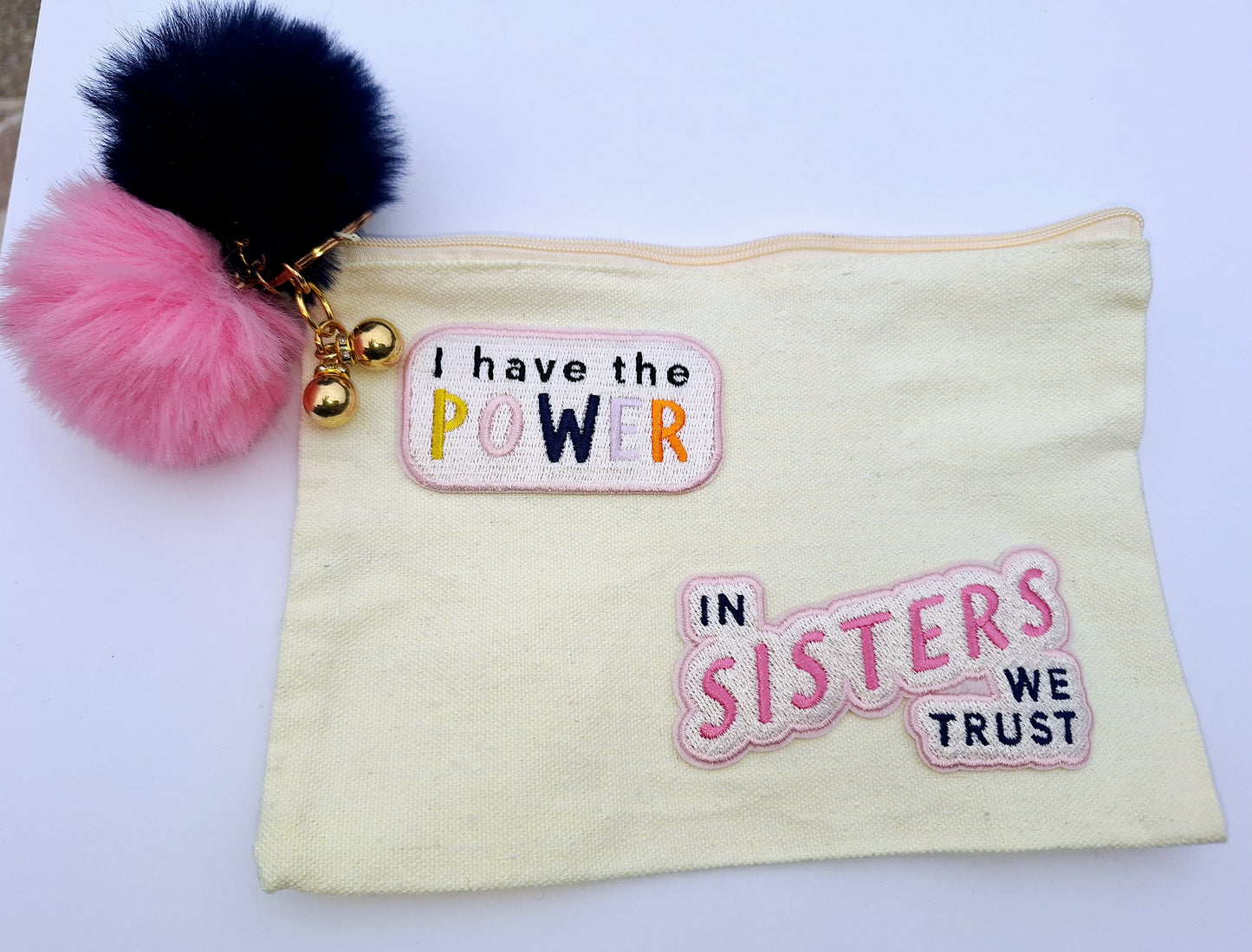"I Have the Power/In Sisters We Trust" Medium Beige Canvas Cosmetics Bag with Blue/Pink Tassels/Gold Dangles