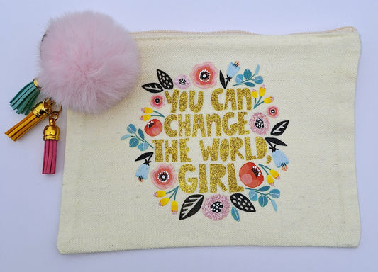 "You Can Change the World" Medium Beige Canvas Cosmetics Bag with Pink Faux Fur Pom-Pom with Tassels and Flower Charm