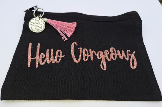 "HELLO GORGEOUS" Medium Black Canvas Cosmetics Bag with Pink Tassel with Antique Silver Charm