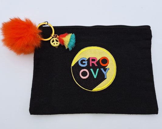"Groovy" Medium Black Canvas Cosmetics Bag with Faux Fur Pom-Pom Tassel and Peace Charm