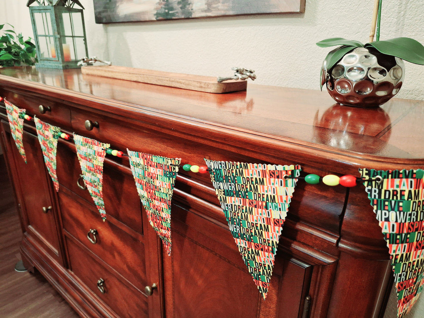 Black History Month Handmade Fabric Beaded Garland Unify Achieve Inspire Lead Empower Truth