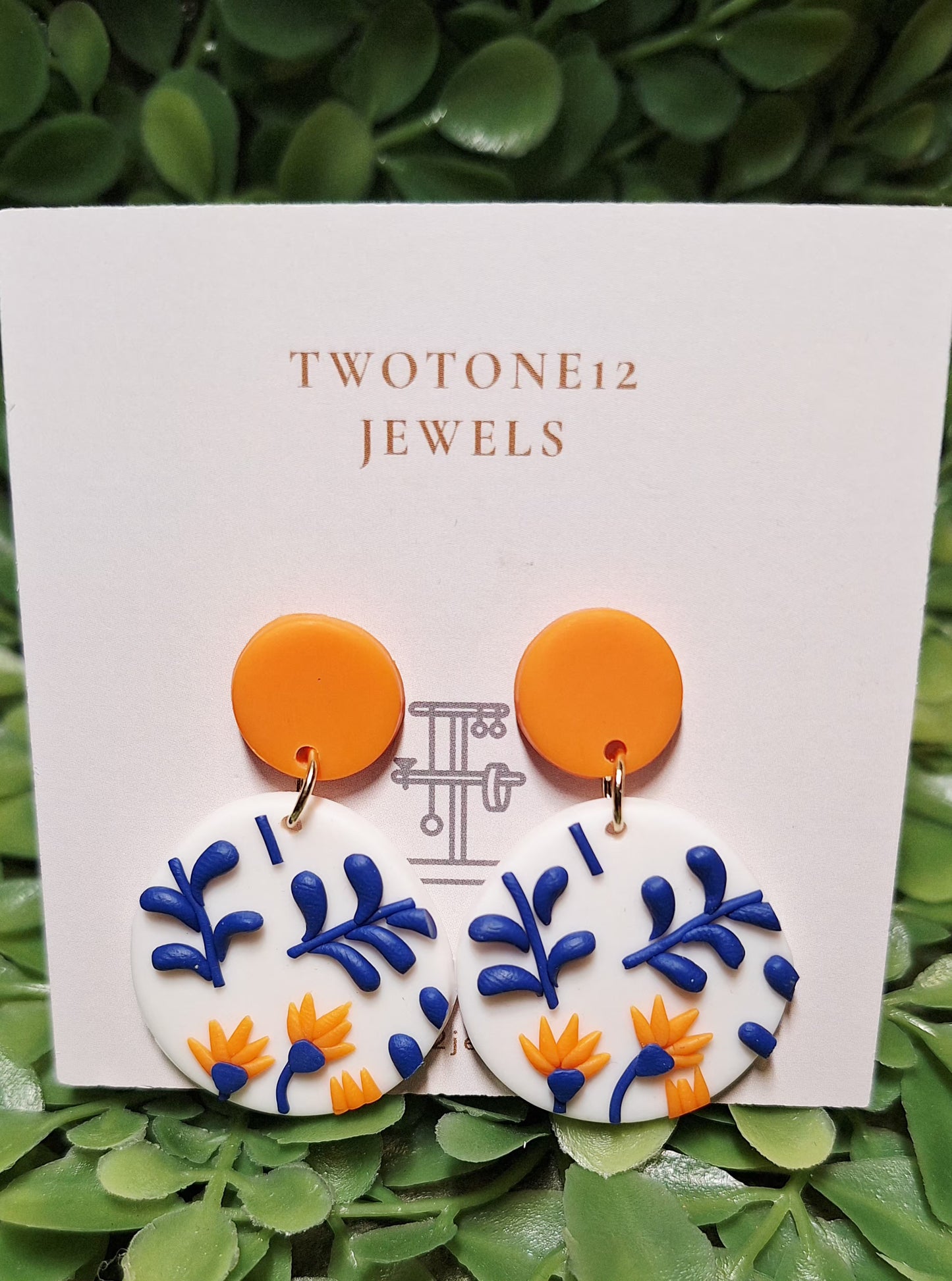 Trendy Orange Blooms & Blue Leaves Polymer Clay Statement Earrings