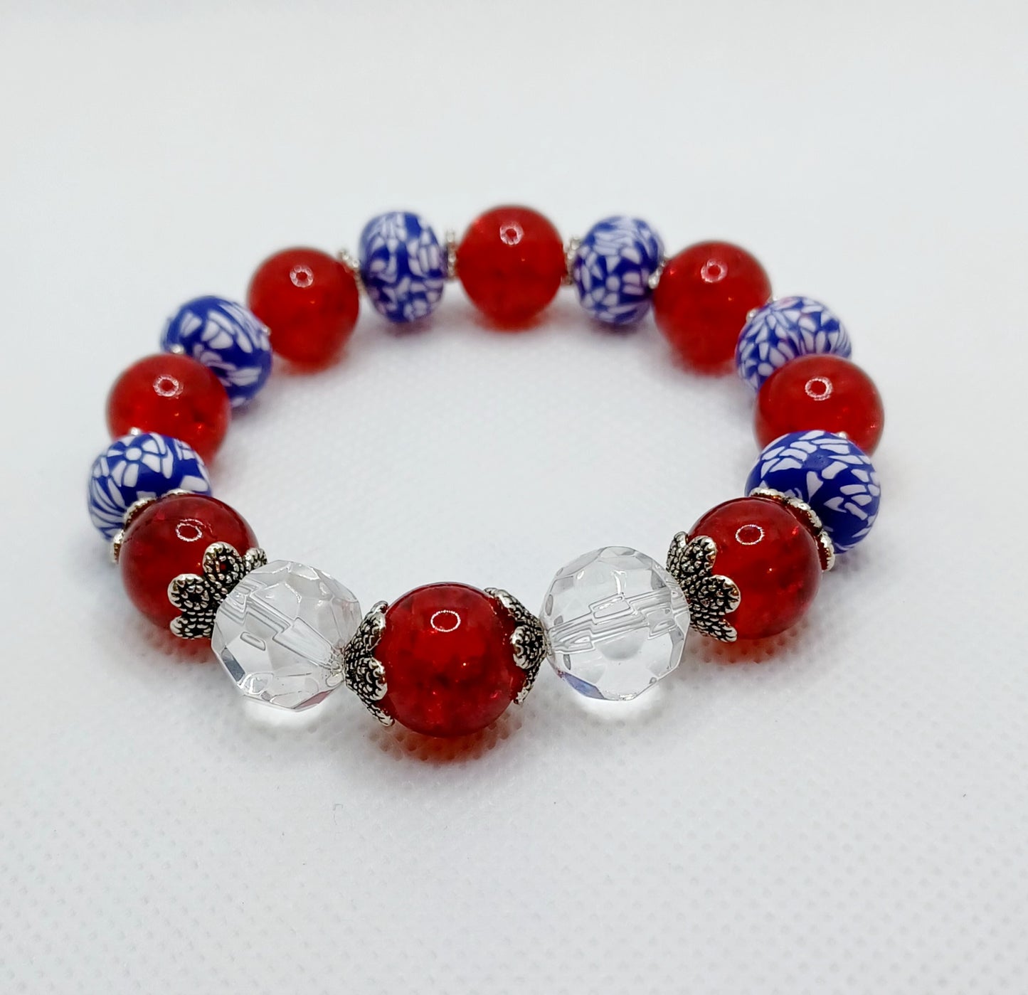 Red, White and Blue Beads with Crystals Stretch Bracelet