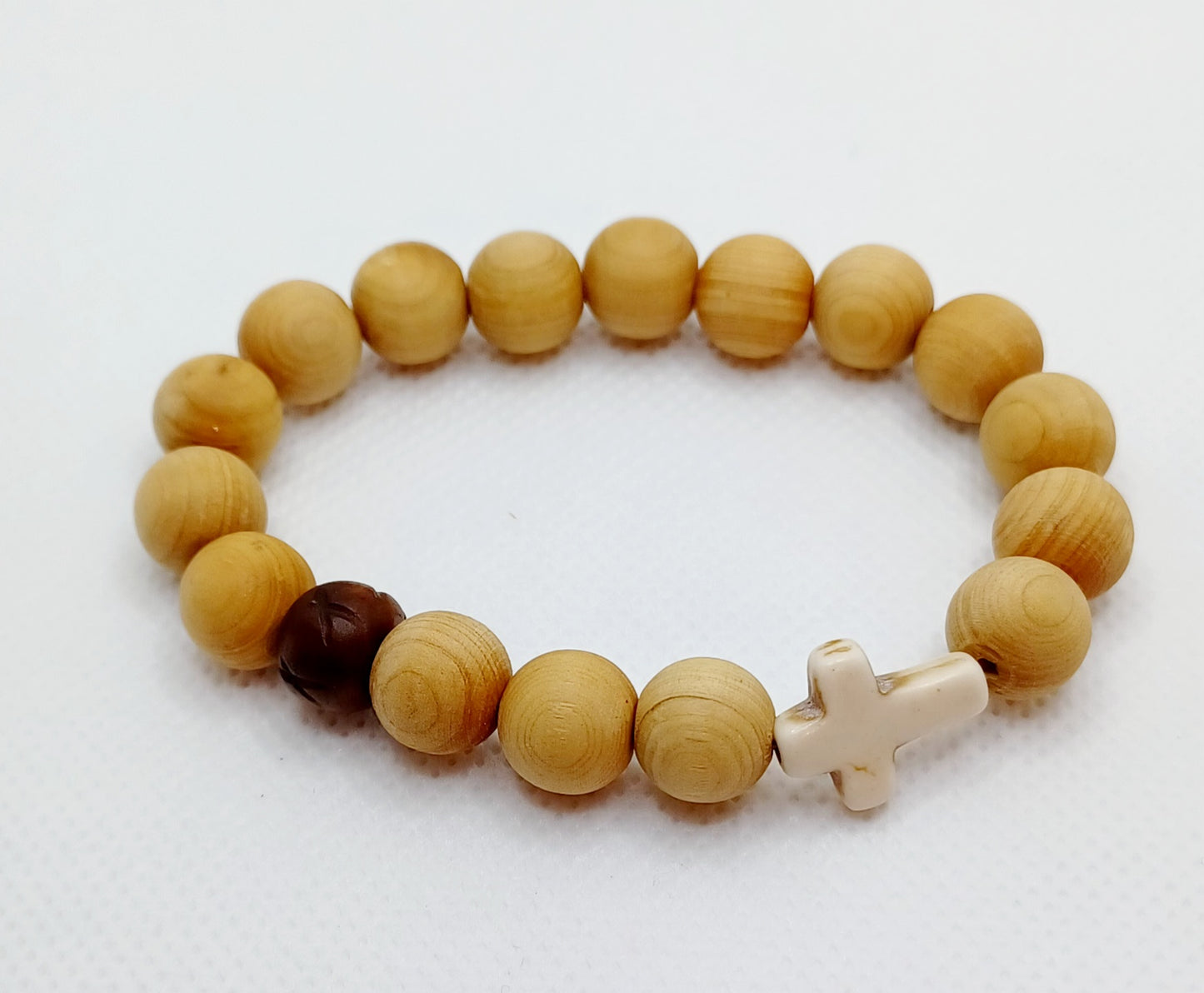 Sandalwood Beaded Stretch Bracelet with Cross