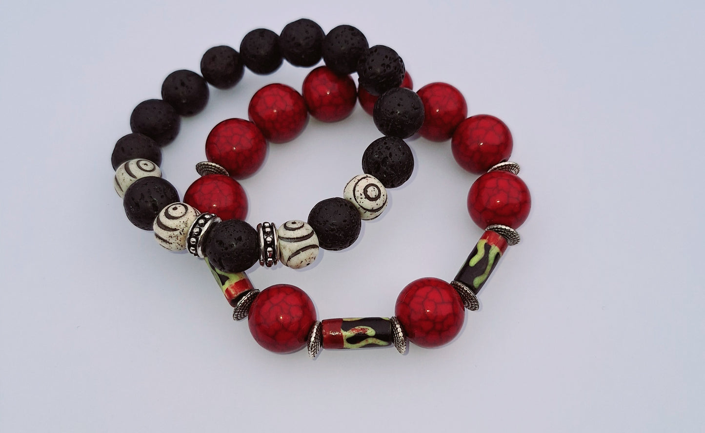 Men and Womens Wood and Bead Bracelet 2pc Set Red, Yellow and Ivory Hand painted African Bone Bead Black Lava Stone Stretch Bracelets