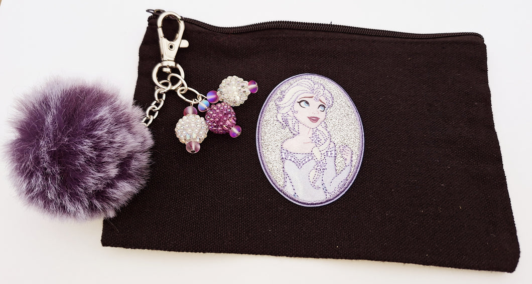 Princess Elsa Frozen Small Black Canvas Cosmetics Bag with Purple Faux Fur Pom-Pom & Disco Ball Dangles