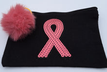 Load image into Gallery viewer, Breast Cancer Awareness Small Black Canvas Cosmetics Bag with Pink Sequin Ribbon &amp; Faux Fur Pom-Pom
