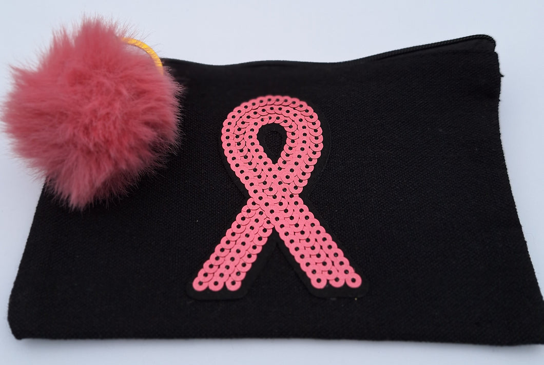 Breast Cancer Awareness Small Black Canvas Cosmetics Bag with Pink Sequin Ribbon & Faux Fur Pom-Pom
