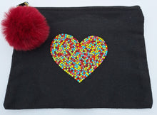 Load image into Gallery viewer, Bling Heart Medium Black Canvas Cosmetics Bag with Turquoise Faux Fur Pom-Pom
