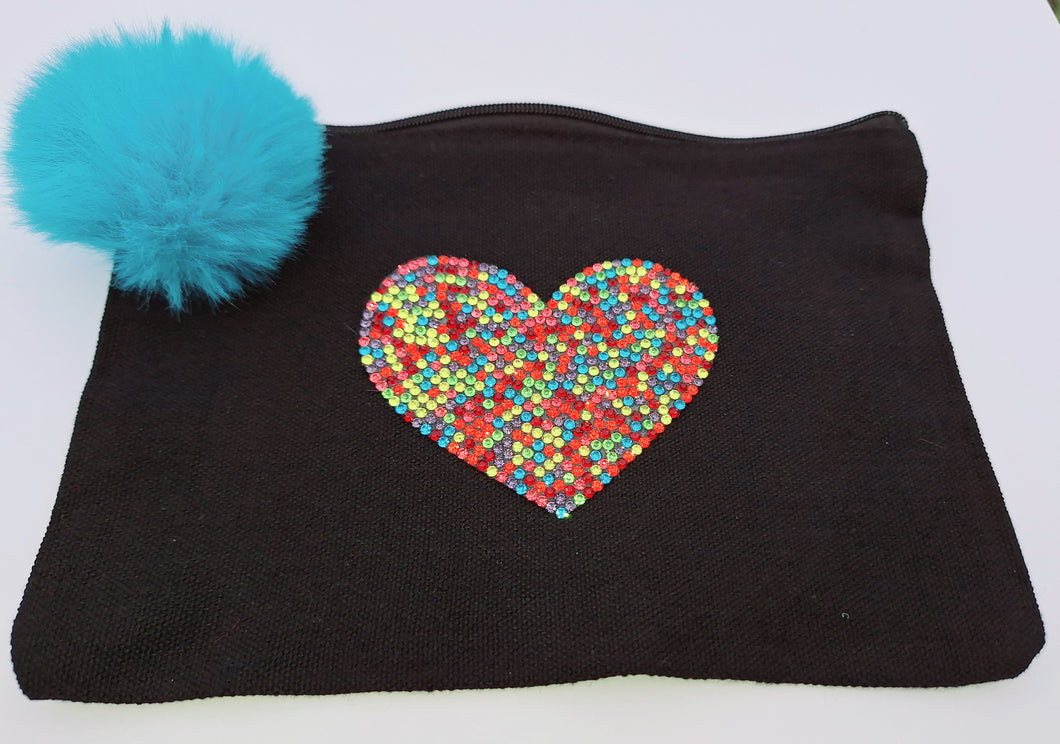 Bling Heart Medium Black Canvas Cosmetics Bag with Turquoise Faux Fur Pom-Pom