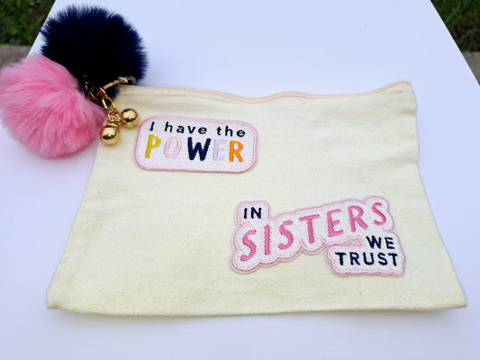 "I Have the Power/In Sisters We Trust" Medium Beige Canvas Cosmetics Bag with Blue/Pink Tassels/Gold Dangles