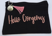 Load image into Gallery viewer, &quot;HELLO GORGEOUS&quot; Medium Black Canvas Cosmetics Bag with Pink Tassel with Antique Silver Charm
