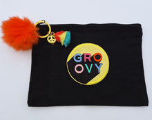 Load image into Gallery viewer, &quot;Groovy&quot; Medium Black Canvas Cosmetics Bag with Faux Fur Pom-Pom Tassel and Peace Charm
