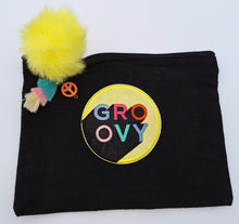 Load image into Gallery viewer, &quot;Groovy&quot; Medium Black Canvas Cosmetics Bag with Faux Fur Pom-Pom Tassel and Peace Charm
