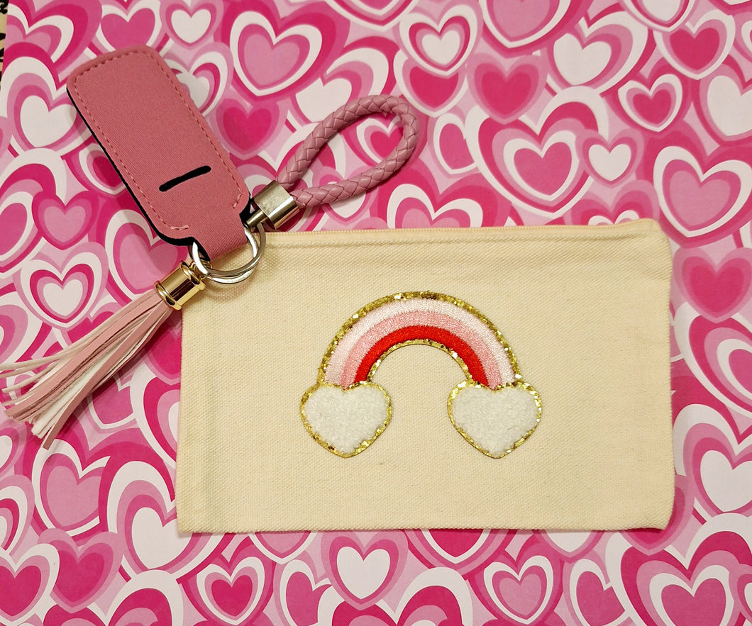 Valentine's Gifting Rainbow and Hearts Beige Small Canvas Cosmetics Bag with Keychain