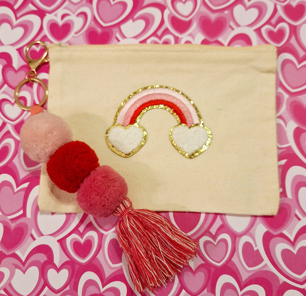 Valentine's Gifting Rainbow and Hearts Beige Medium Canvas Cosmetics Bag with Pom-Pom Tassel Key chain