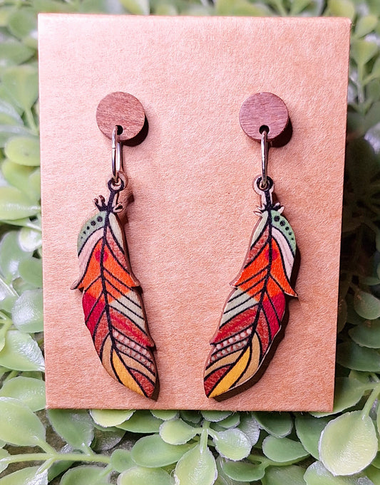 Colorful Wood Feather Drop Earrings