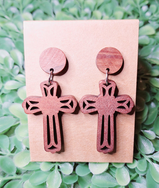 Wooden Filigree Cross Earrings