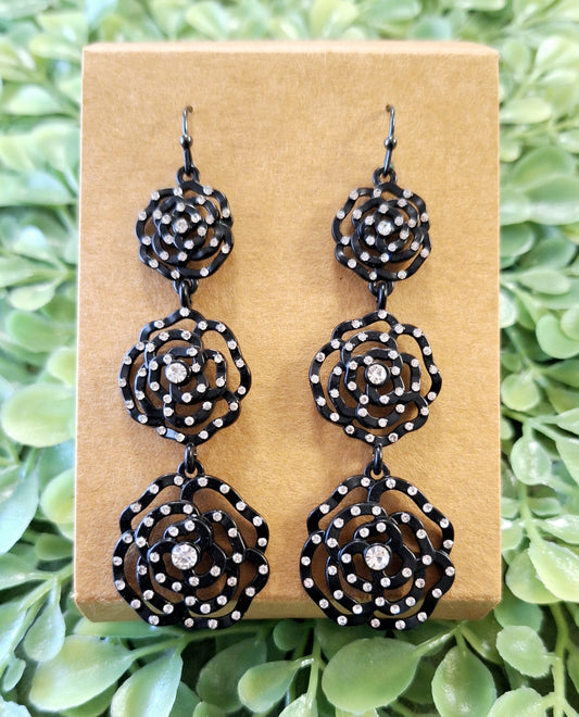 Black Flowers Tiered Earrings with Rhinestones