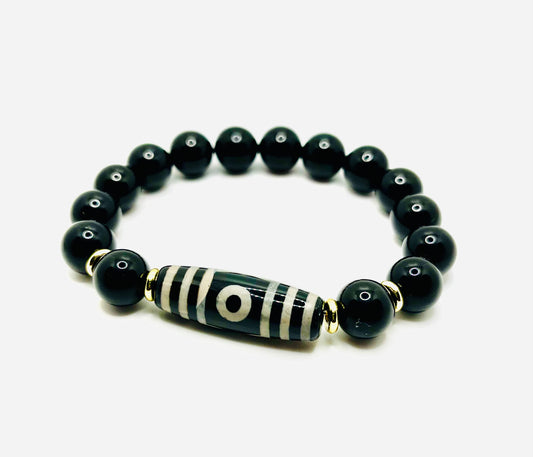 Black & Tan Agate with Gold Accents Stretch Bracelet