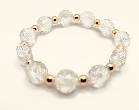 Crystal Clear Faceted Glass and Gold Beaded Stretch Bracelet