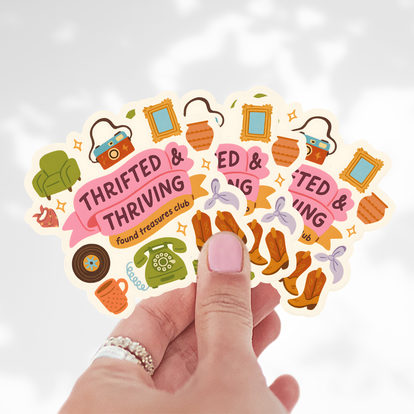 Thrifted & Thriving Sticker – Retro Vinyl for Vintage Lovers