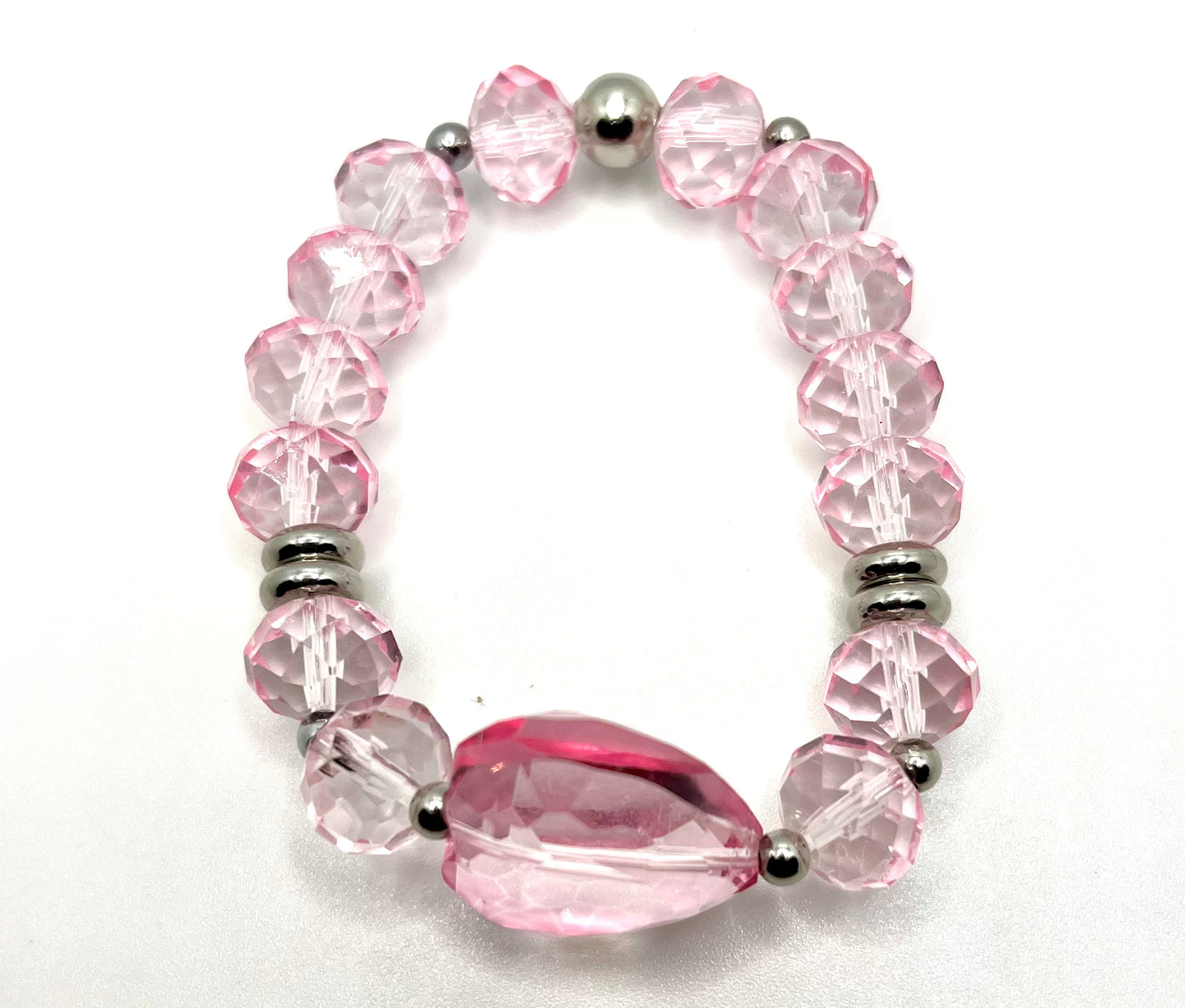 Pink Crystal Heart with Silver Stainless Accent Beaded Stretch Bracelet