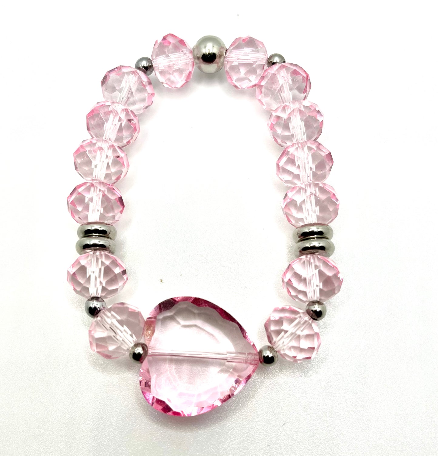 Pink Crystal Heart with Silver Stainless Accent Beaded Stretch Bracelet