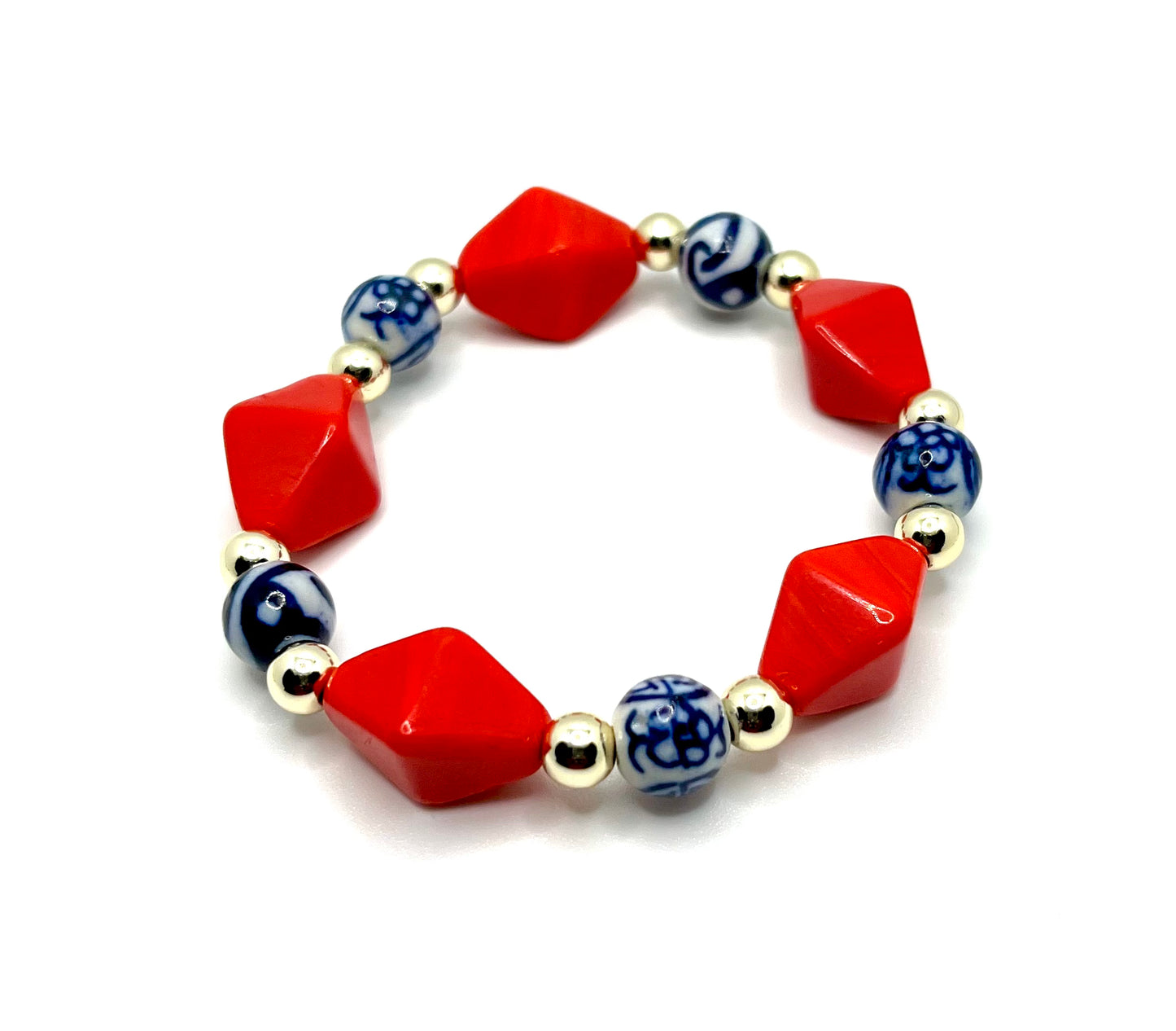 Orange Bicone Glass with Sapphire and White Ceramic Beaded Stretch Bracelet