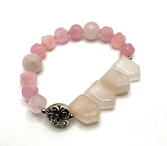 Rose Quartz Stars & Arrows with Antique Silver Heart Beaded Stretch Bracelet