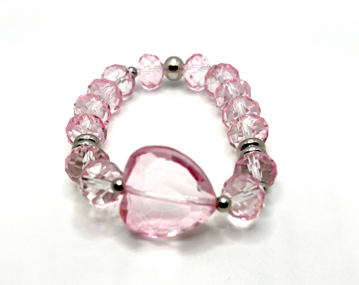 Pink Crystal Heart with Silver Stainless Accent Beaded Stretch Bracelet