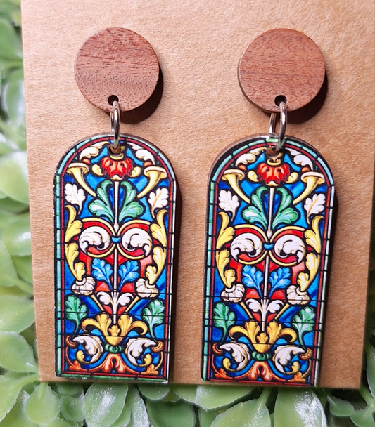Cathedral Stained Glass Window Wood Statement Earrings