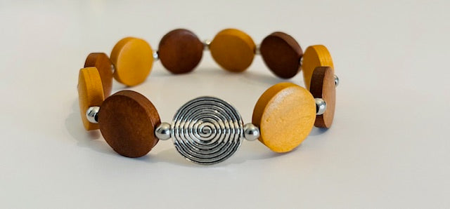 Natural Flat Round Pear Wood Beads and Antique Silver Stretch Bracelet