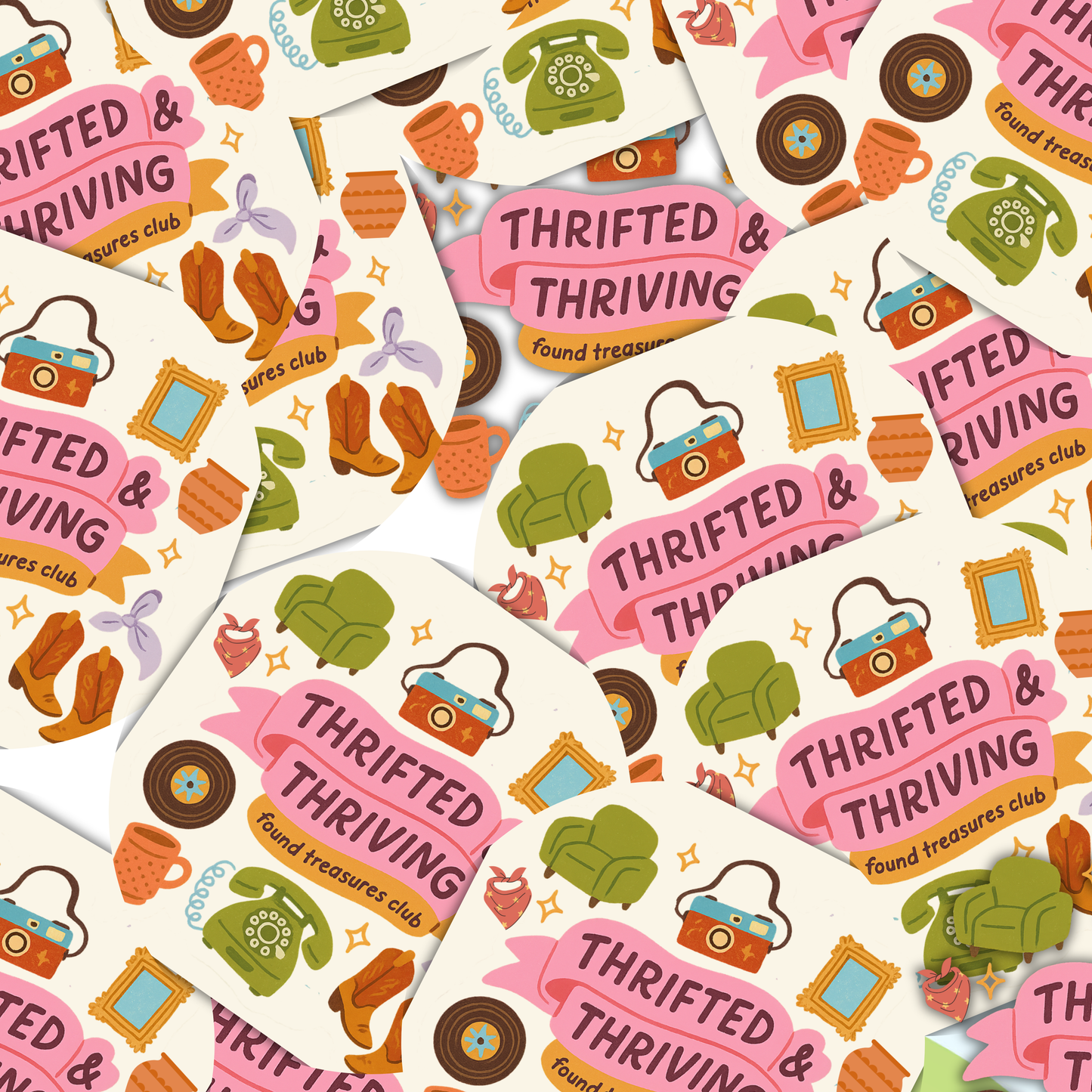 Thrifted & Thriving Sticker – Retro Vinyl for Vintage Lovers