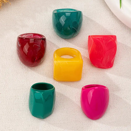 6pcs Jewel Tone Vintage Style Acrylic Statement Ring Set