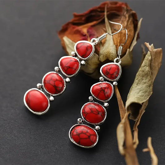 Boho Style Red Turquoise & Silver-Plated Drop Earrings