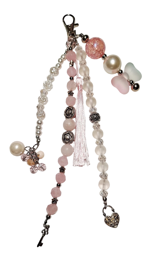 Handmade Pink Quartz & Pearl Bag Charm/Keychain with Silver Accents