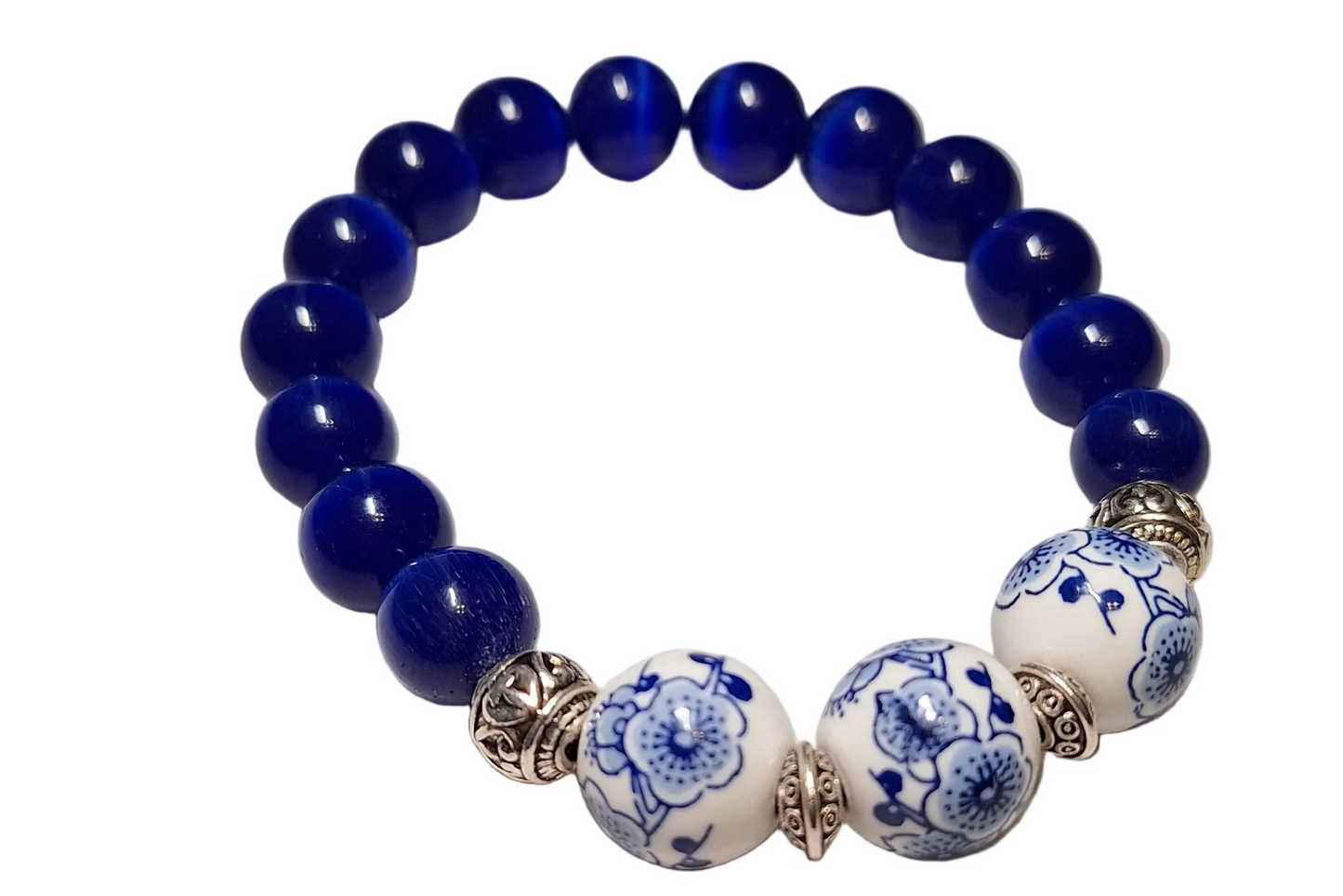 Blue and White Chinese Floral & Cobalt Cat's Eye Beaded Stretch