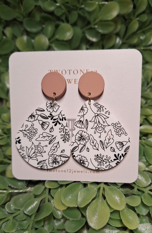 Tan Stud with Black Floral Design on White Teardrop Acrylic Earrings